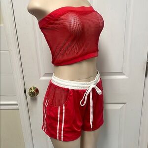 Red Fishnet Cropped Top Drawstring Shorts Summer Set